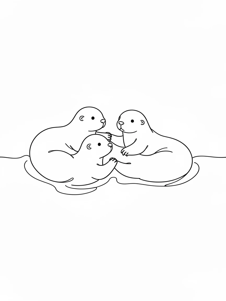 A group of sea otters floating together holding paws on the surface