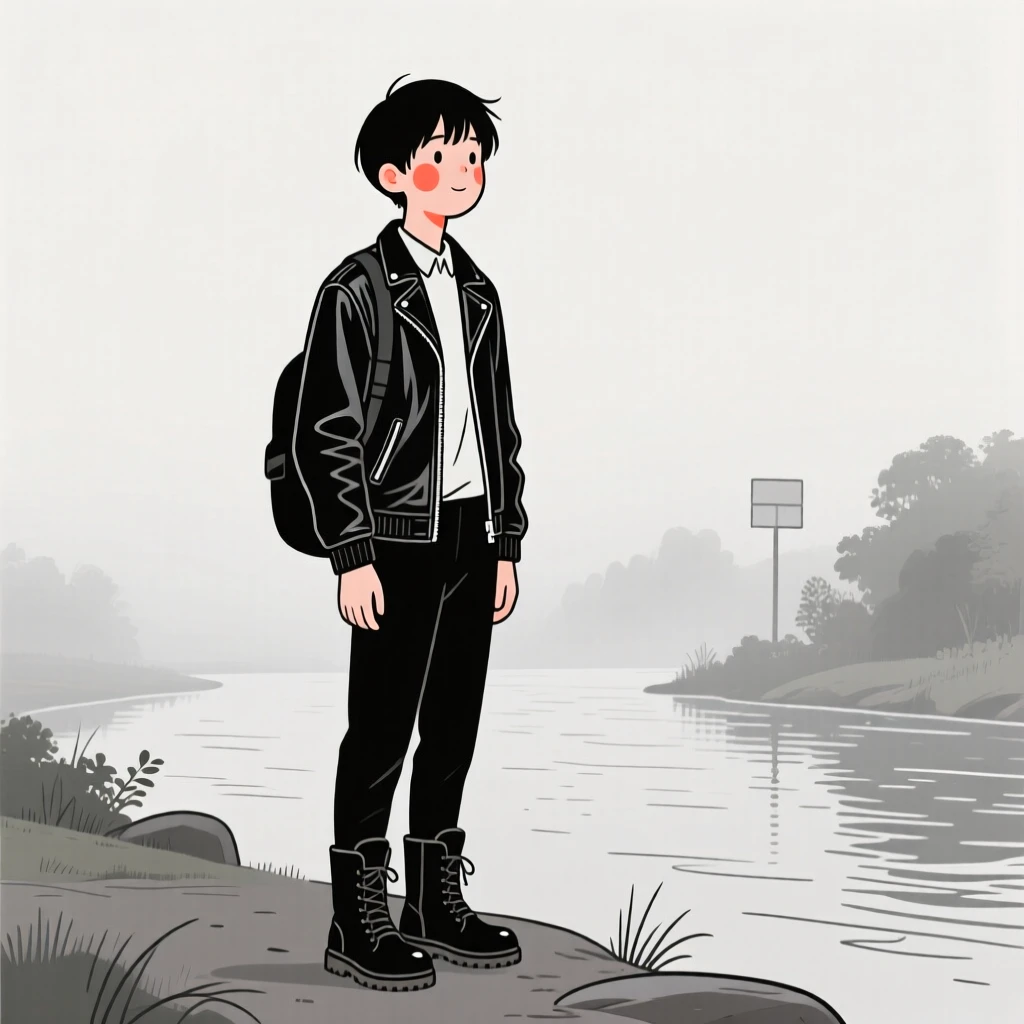 A college student of Japanese heritage in a leather jacket and boots, looking serene and at peace, on a misty riverbank.