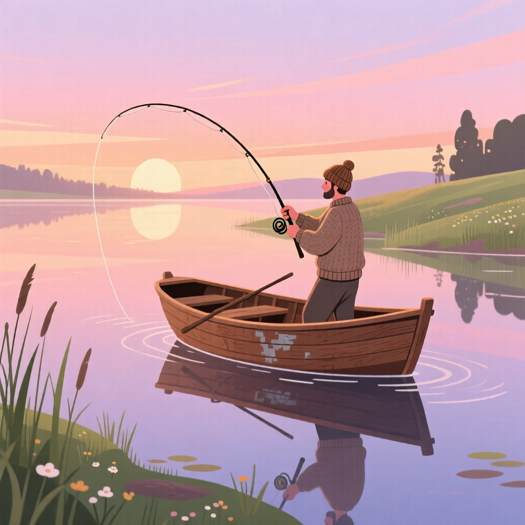 A fisherman casting a line from a small wooden boat at dawn, beside a calm lake reflecting the sky, arranged with balanced framing that feels warm and inviting, with a sense of warmth and togetherness in every detail.