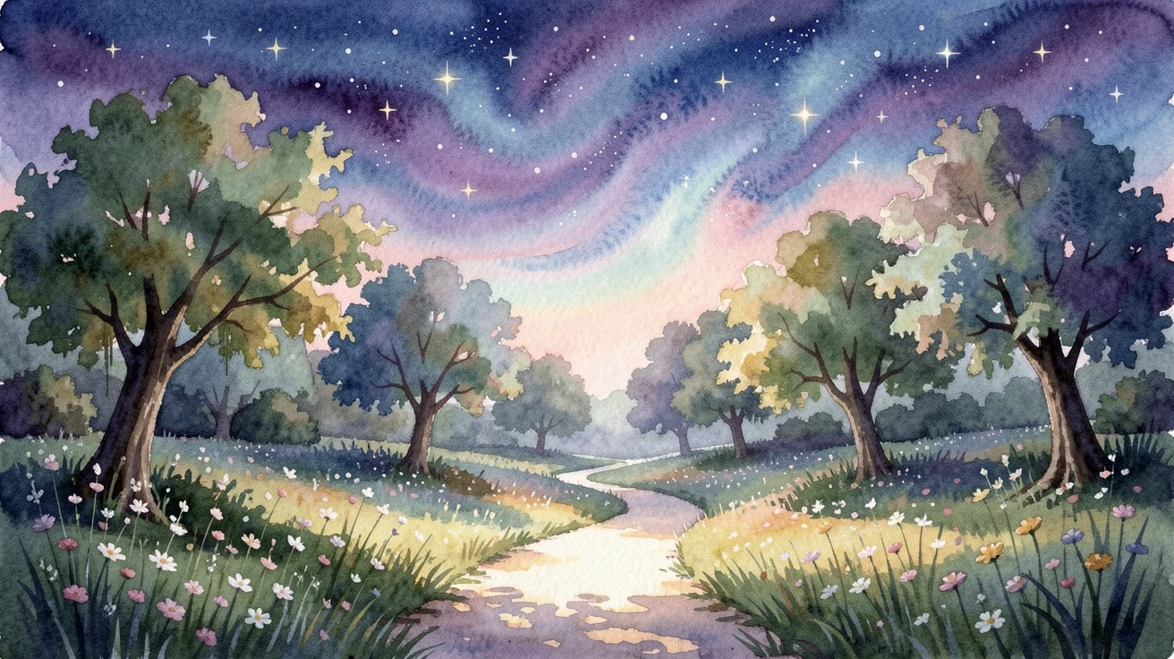 A starlit path leading through a magical glade under a sky full of swirling colors.