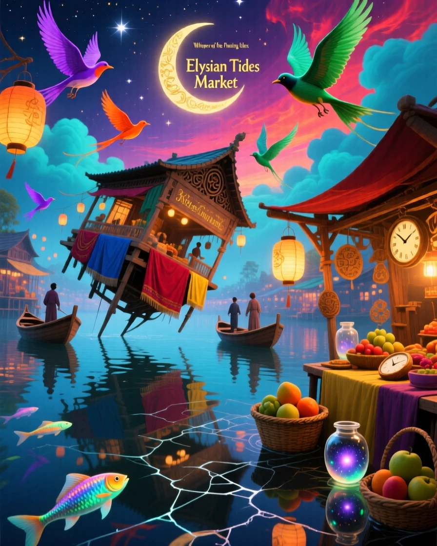 A floating market where stalls drift gently past one another tilts at an impossible angle without ever falling, while flocks of birds weave between its floating pieces.
