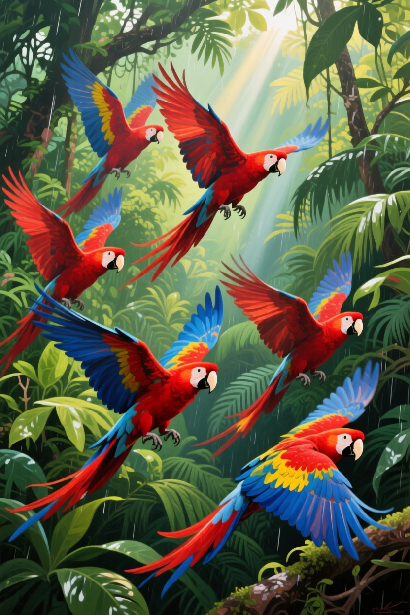 A flock of scarlet macaws bursts from the rainforest canopy in the Amazon, brilliant red, blue, and yellow feathers vivid against the green foliage, its posture alert yet relaxed, fully at ease within its natural surroundings.