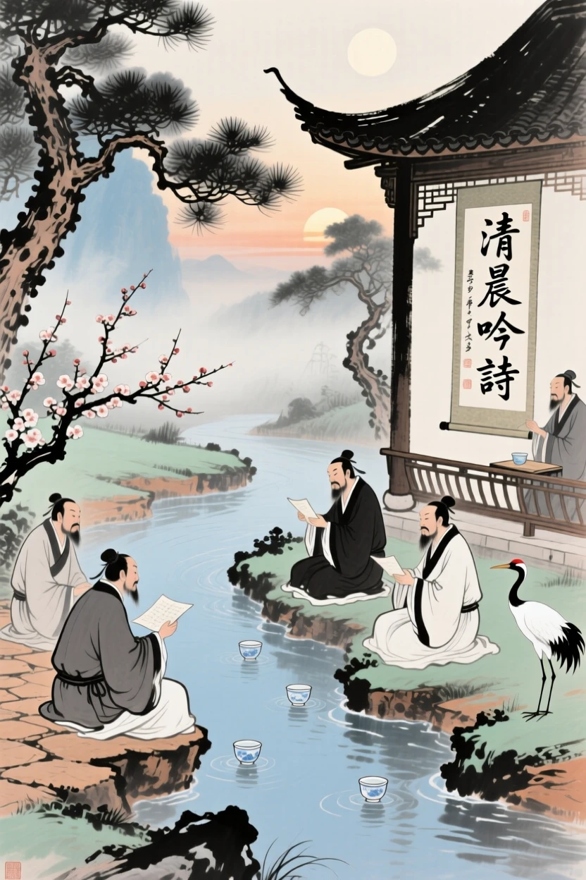 An ancient scholar's garden party with guests composing poems on floating cups, in the quiet hour before sunrise.