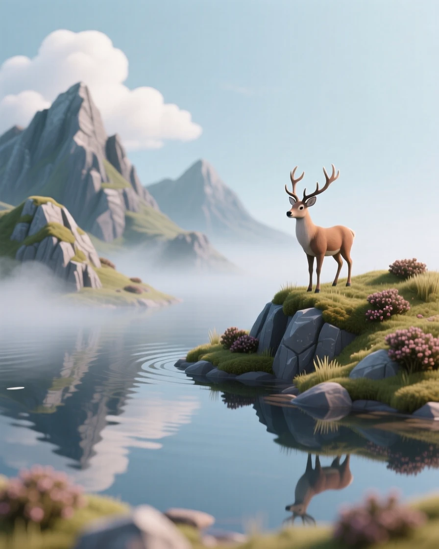 A misty Scottish highland with rugged mountains, a loch reflecting the clouds, and a lone stag standing proudly on a heather-covered ridge.