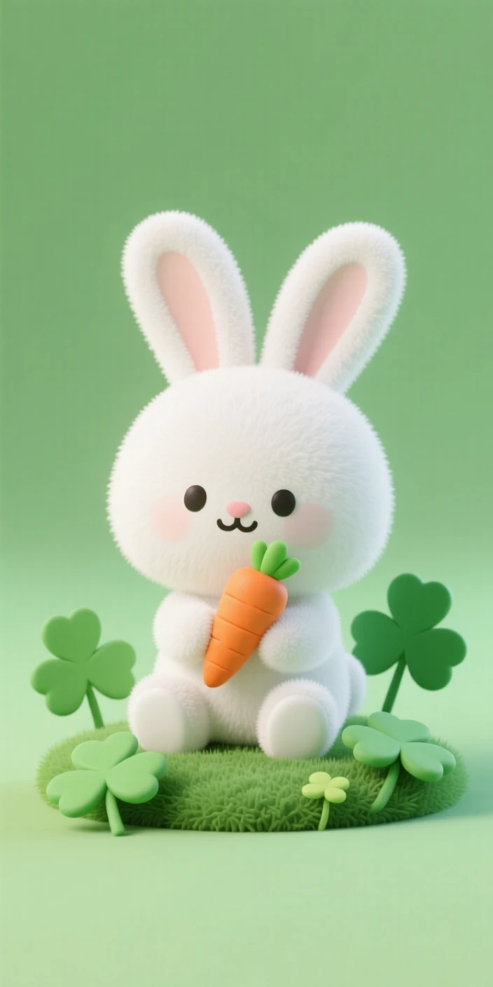A fluffy white bunny with long floppy ears nibbles a fresh carrot in a patch of clover.