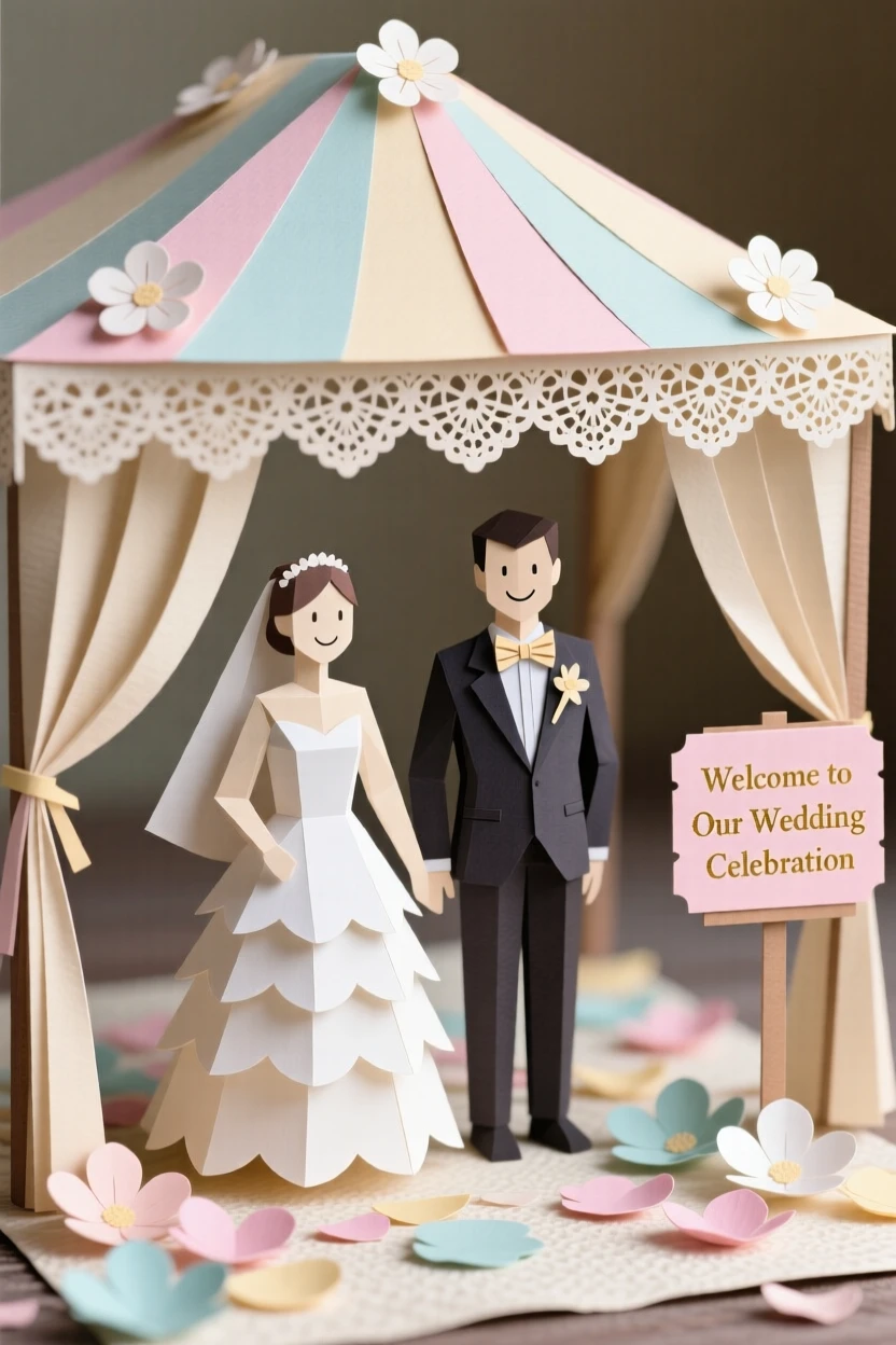 A traditional wedding ceremony beneath an ornately decorated canopy, flower petals scattered on the ground, evoking joyful cultural celebration.