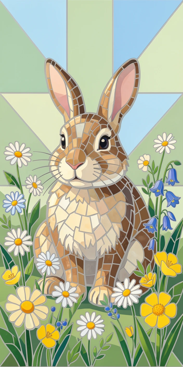 A curious rabbit sitting among spring wildflowers.