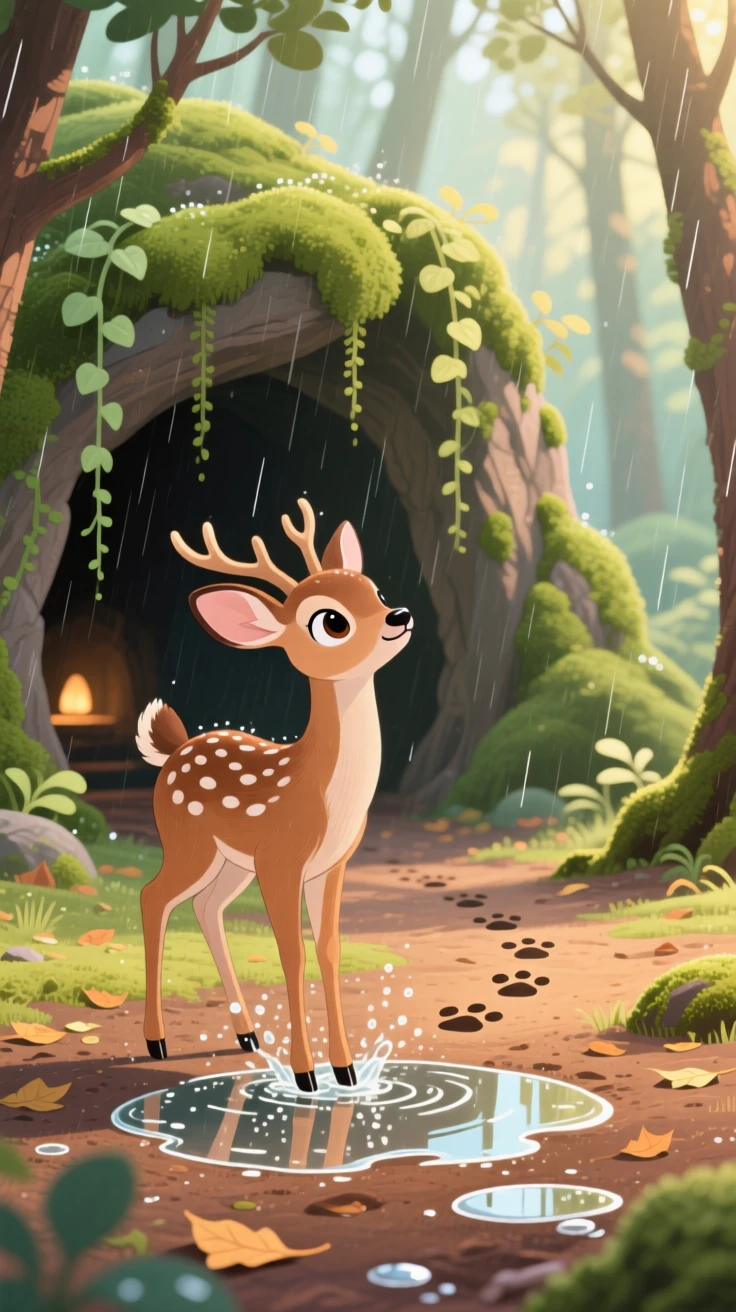 A young deer pauses from splashing through puddles to look up in the mouth of a mossy cave, with tiny paw prints trailing behind.