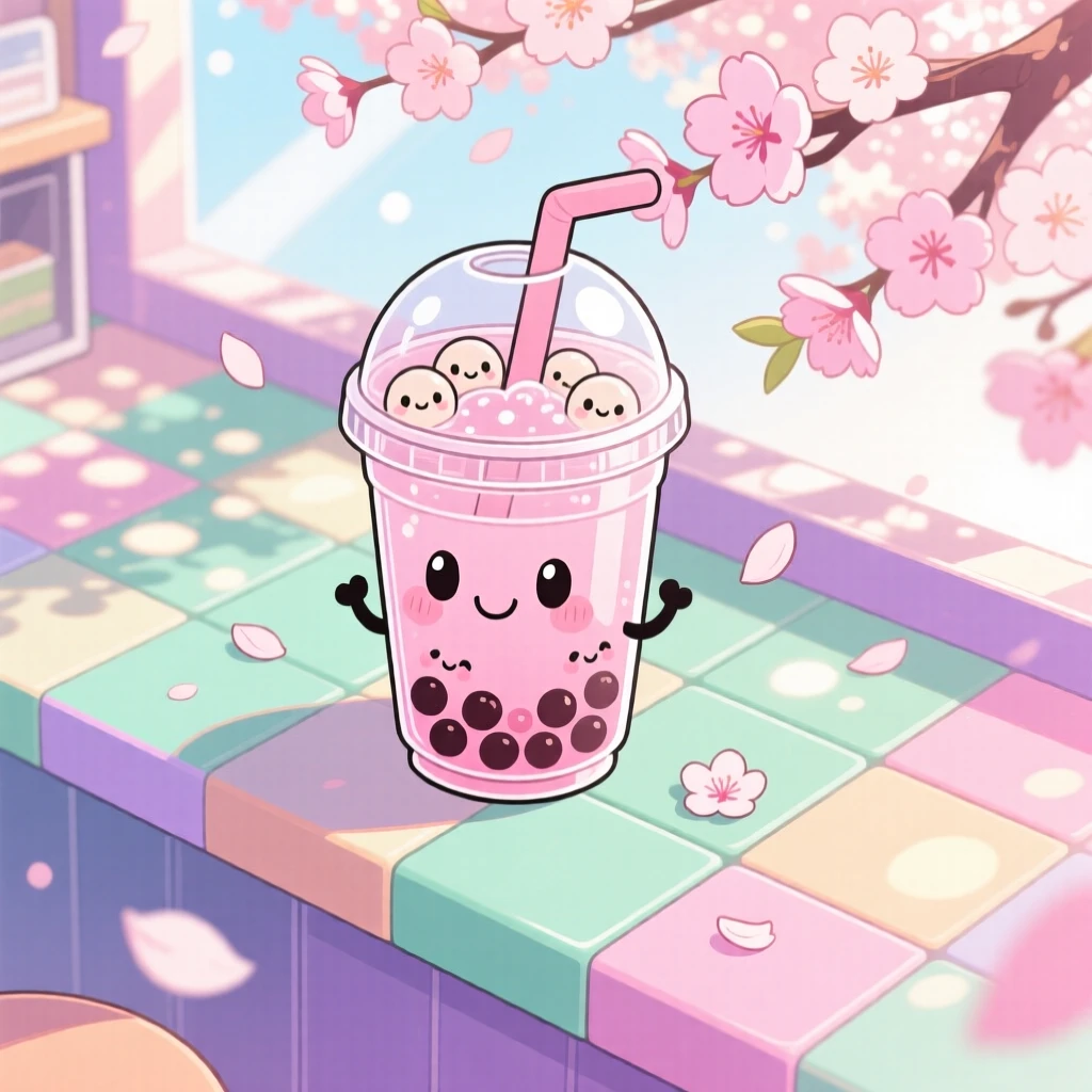 A bubbly bubble-tea cup with tapioca pearls bouncing like friends, framed as a bird's-eye view within a colorful café counter, as cherry blossom petals drift on the breeze, glowing under dappled sunlight through a canopy, evoking sleepy relaxation.