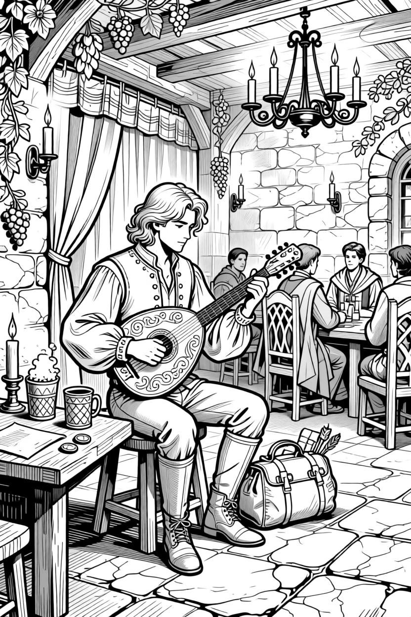 A wandering minstrel playing music in a candlelit tavern.