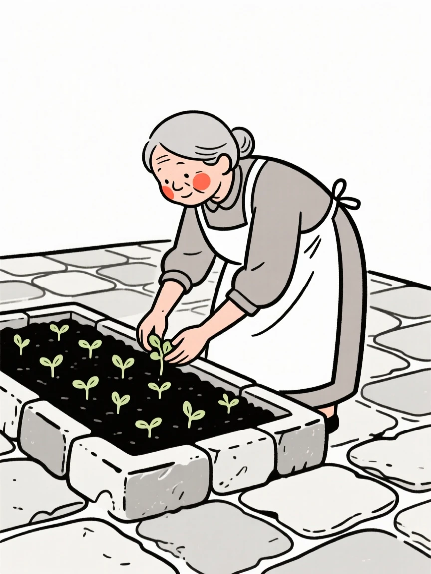 A grandmother planting seedlings in a garden bed, in an old stone courtyard.
