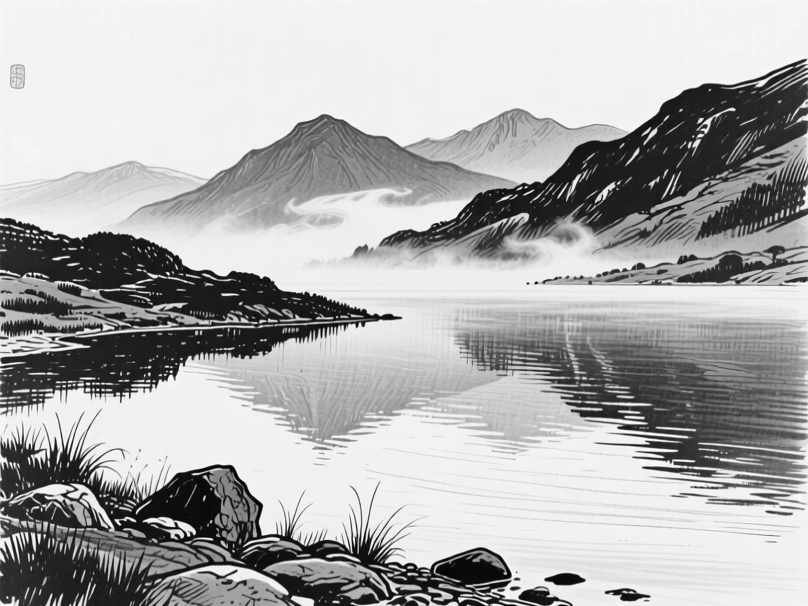 A tranquil highland loch reflecting distant misty mountains.
