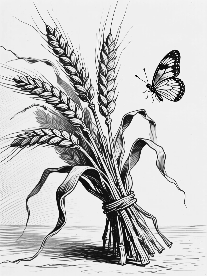 A bundle of dried wheat captured close-up with delicate detail, with a butterfly hovering nearby, composed in a classic and refined still-life arrangement.