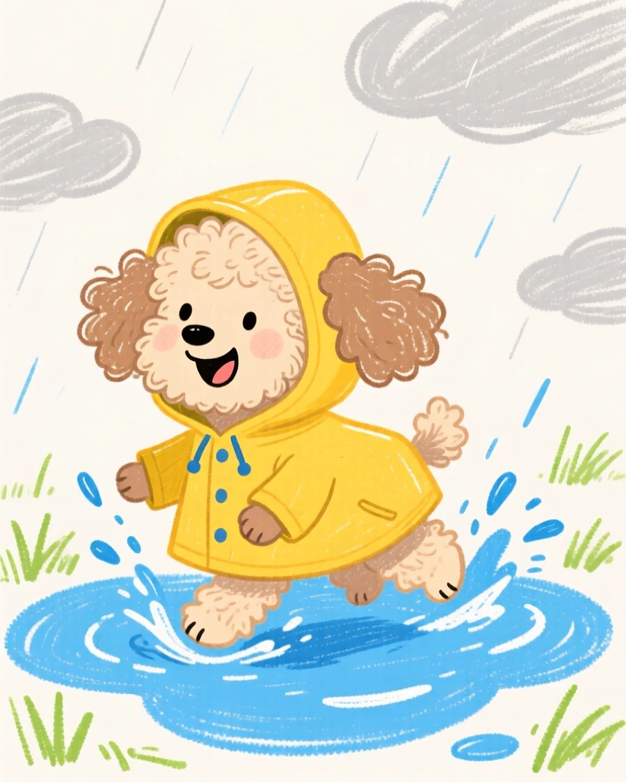 A poodle wearing a tiny raincoat splashing through a puddle.
