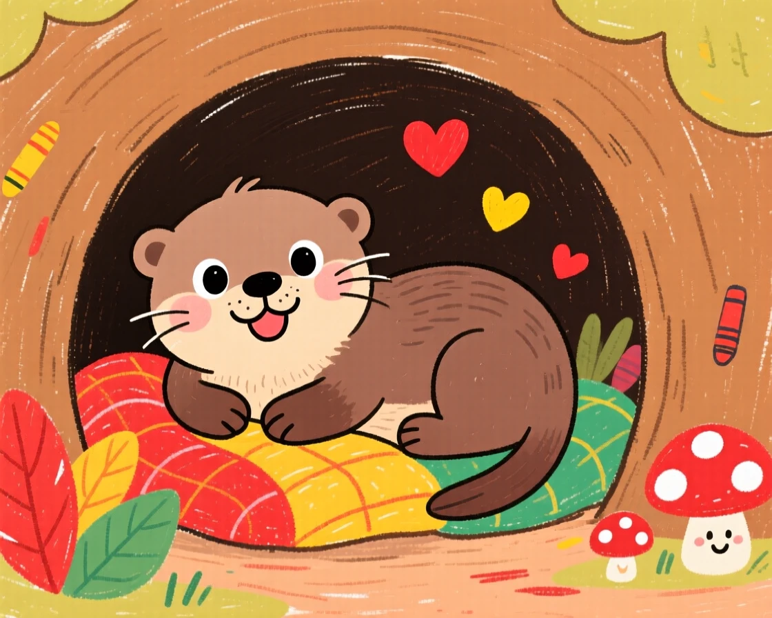 A playful otter pup snuggled inside a cozy burrow.