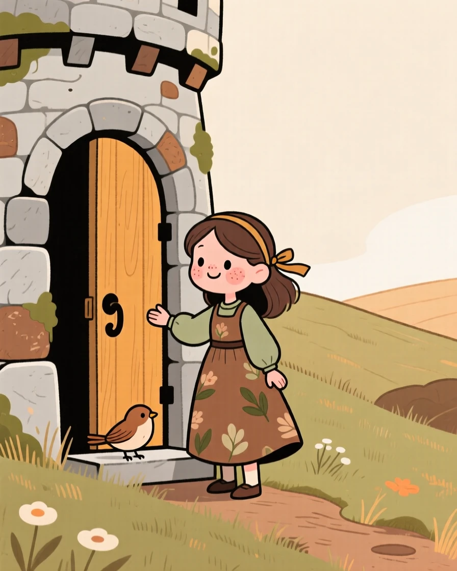 A young princess stands at the door of a stone tower tucked into a hillside meadow, welcoming a small bird inside from the cold.