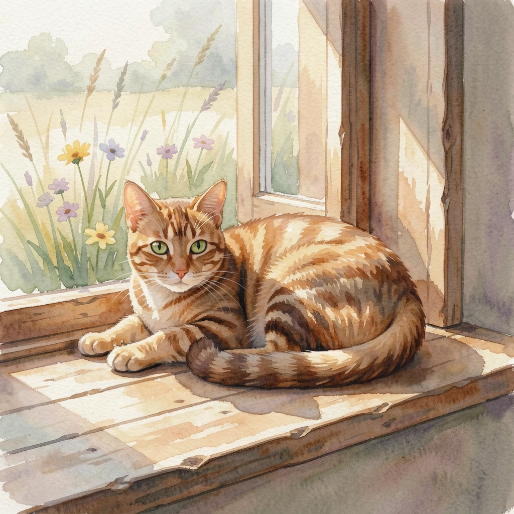 A tabby cat napping on a windowsill in a sunlit meadow looking curiously at the viewer.