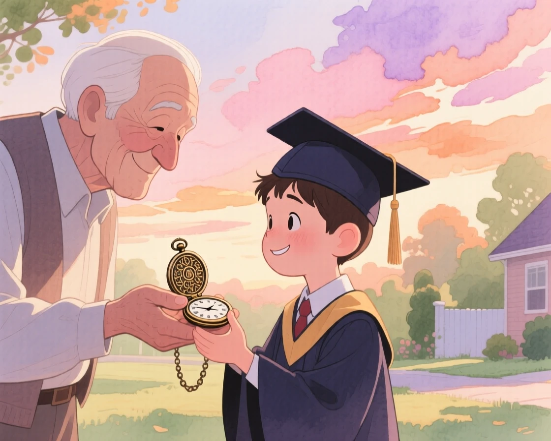 A grandfather passing down his old pocket watch to his grandson on graduation day, under a sky painted with the soft colors of sunset, radiating kindness, hope, and heartfelt emotion.