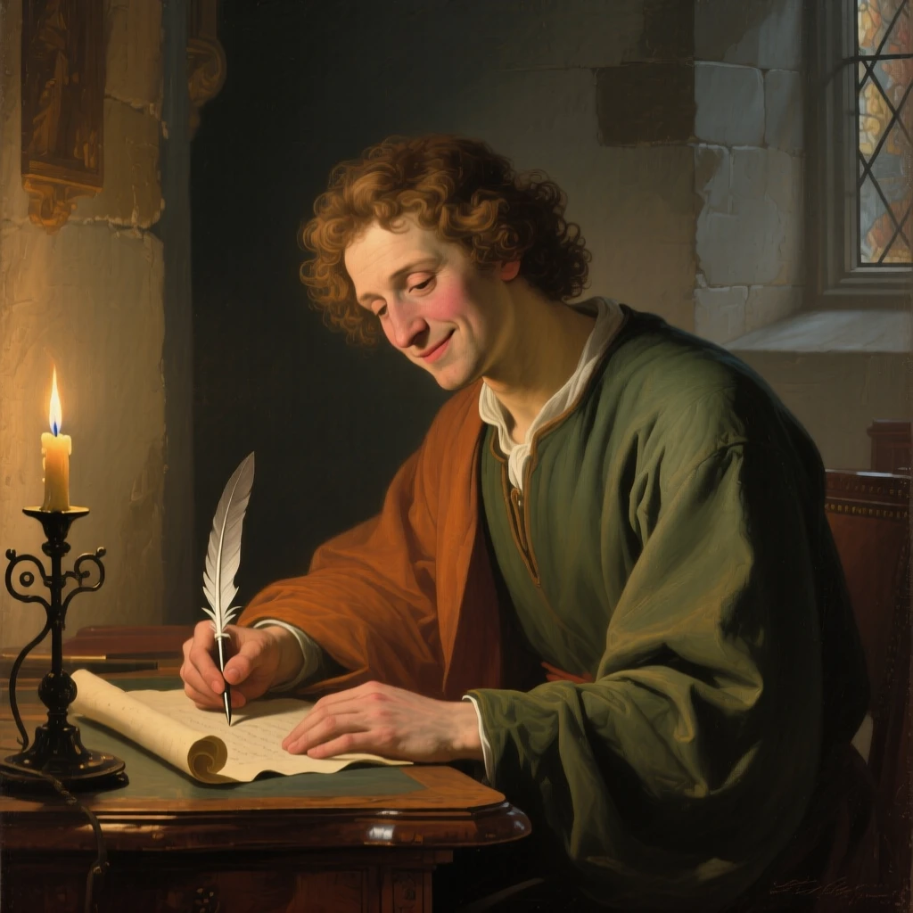 A poet lost in thought with quill hovering over parchment turning slightly toward a soft, unseen light, set in a candlelit chapel side room, with a faint, knowing smile just touching the corner of the mouth; a tight three-quarter portrait draws focus entirely to the expression, capturing grace under the weight of everyday devotion.