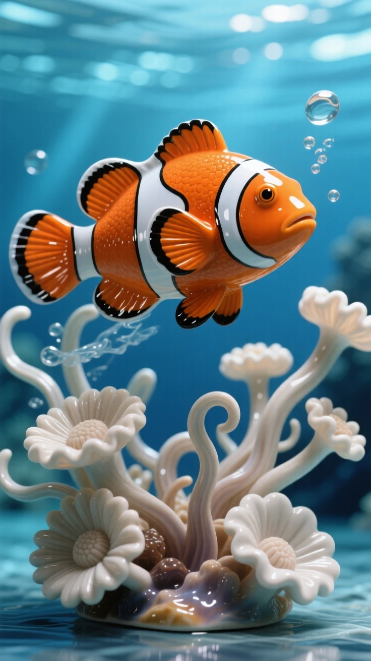 A vibrant clownfish darting among anemones drifting weightlessly through open blue, its surface dappled with shifting light patterns, stirring wonder at the mysteries of the deep.