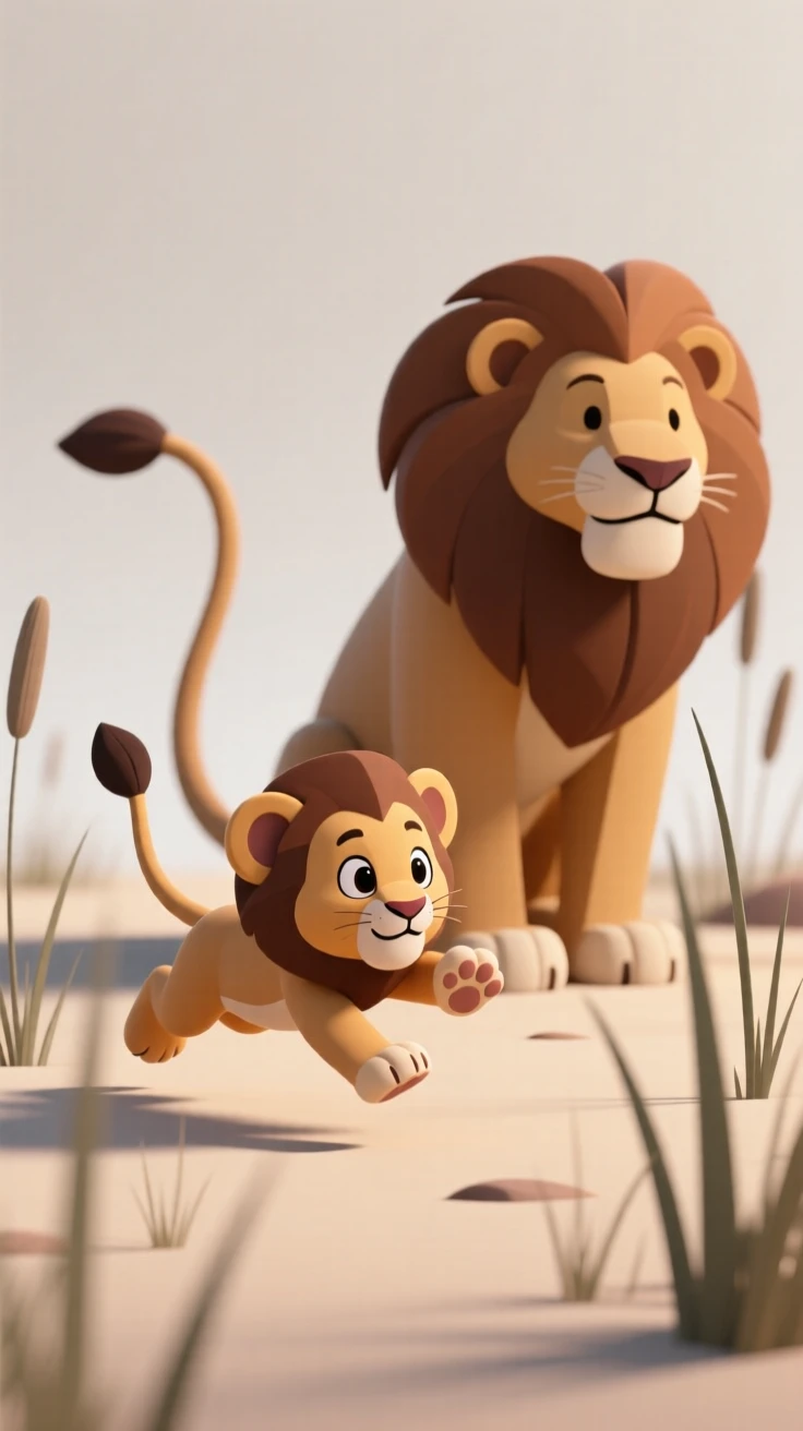 A proud lion cub pounces clumsily on its mother's swishing tail in the tall grass of the savanna.