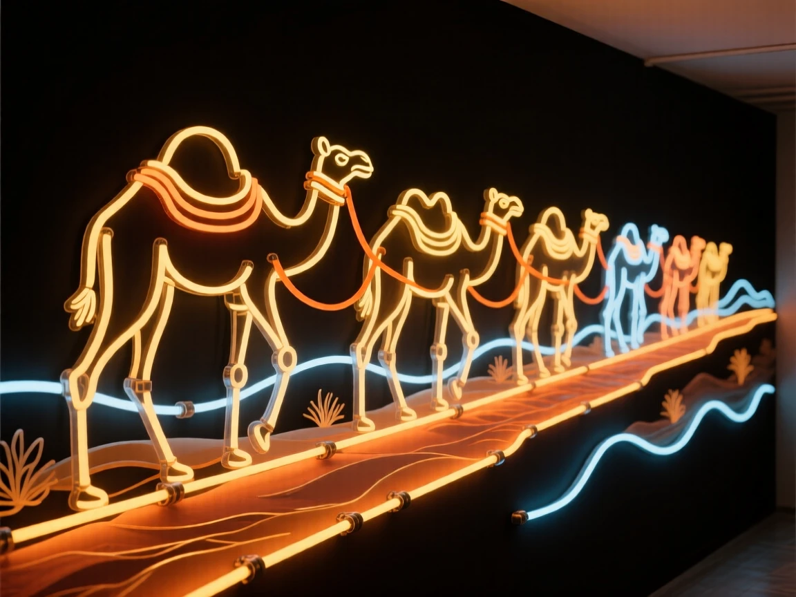 A detailed vignette of a caravan of camels crossing an ancient desert trade route.