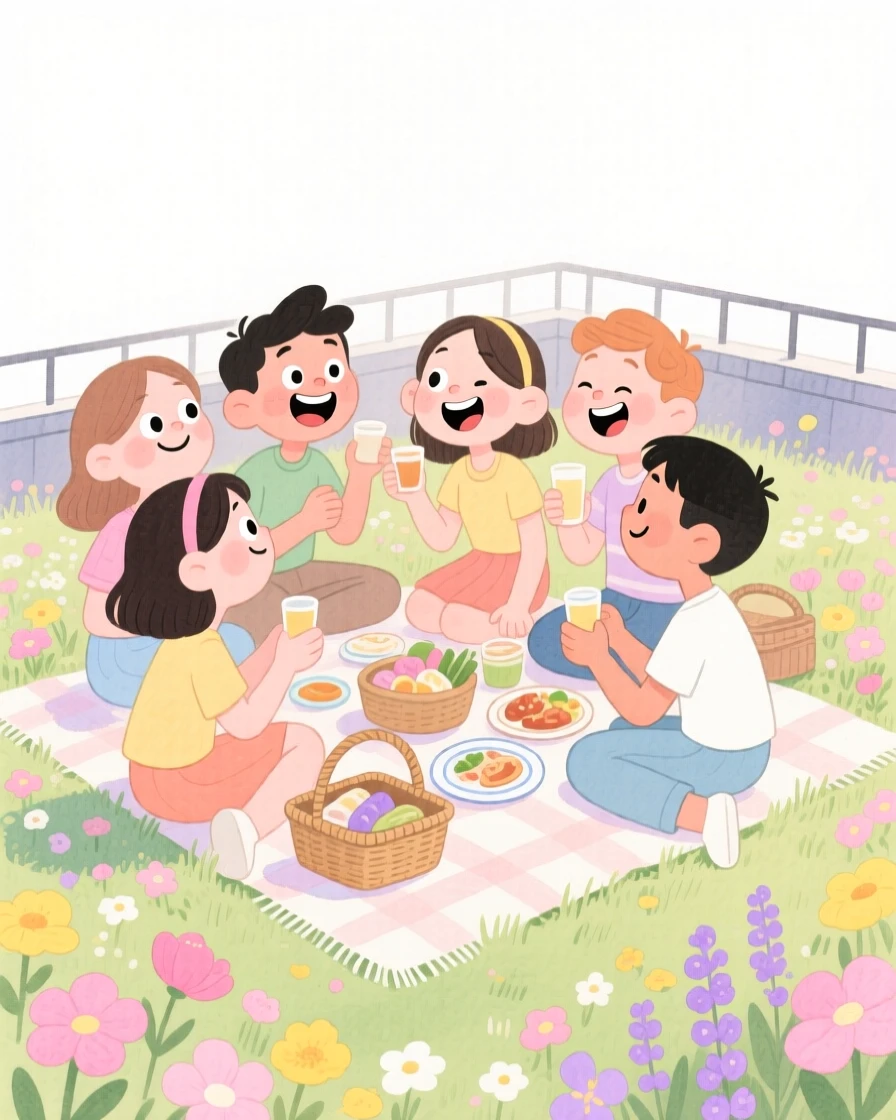 A group of friends at a rooftop party sharing a picnic in a flower-filled meadow