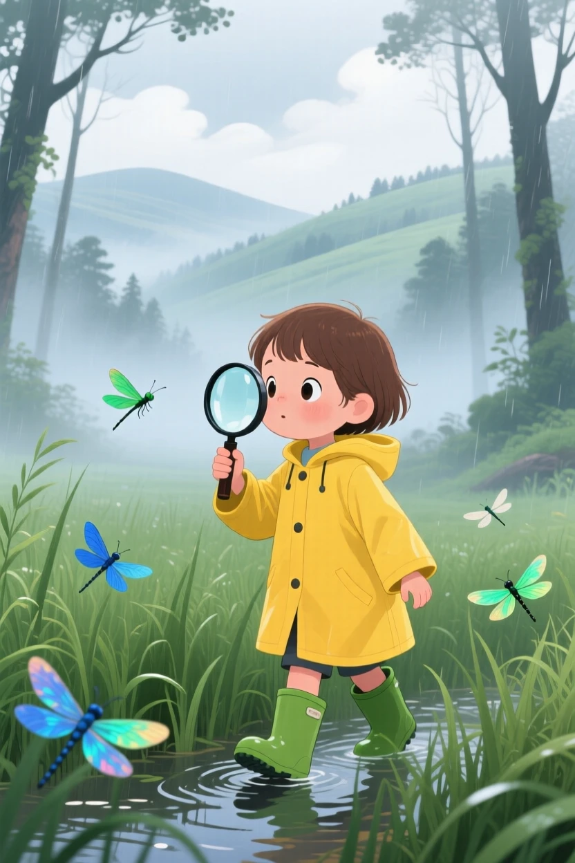 A child with a magnifying glass pauses while wading through tall grass chasing dragonflies in a foggy morning woodland, as clouds cast slow shadows across the hills.