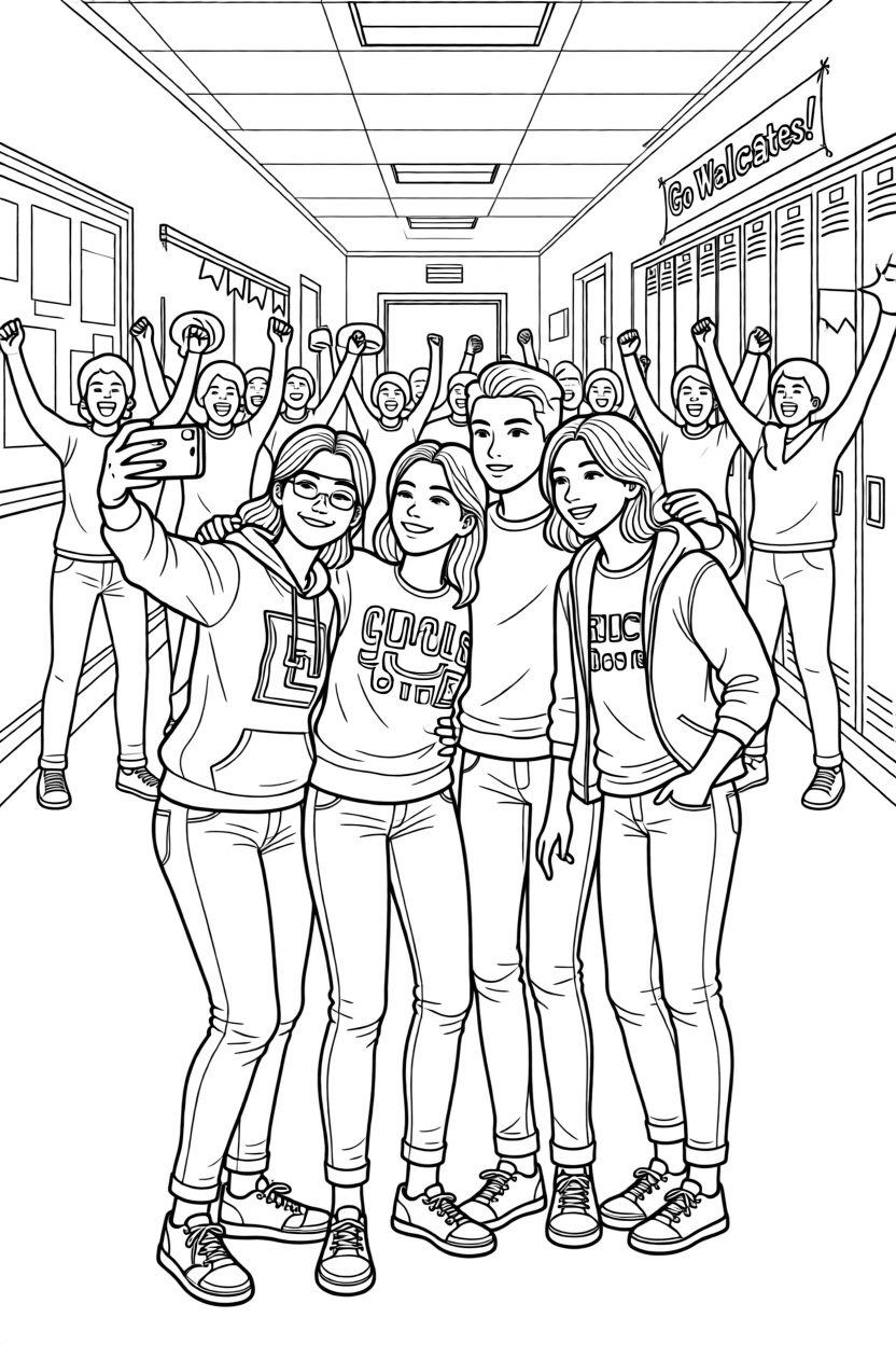 A group of friends taking a selfie in a school hallway, with a crowd cheering just out of focus.