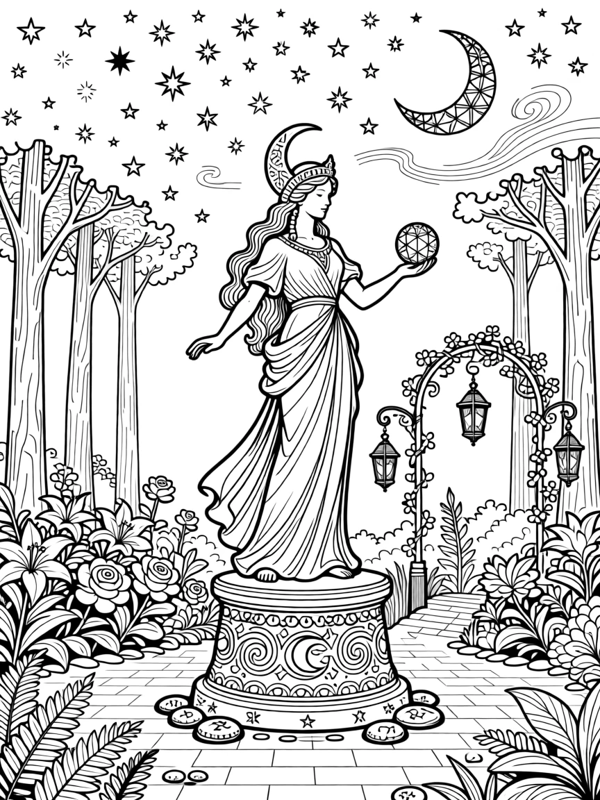 A moon goddess statue standing at the center of a starlit garden.
