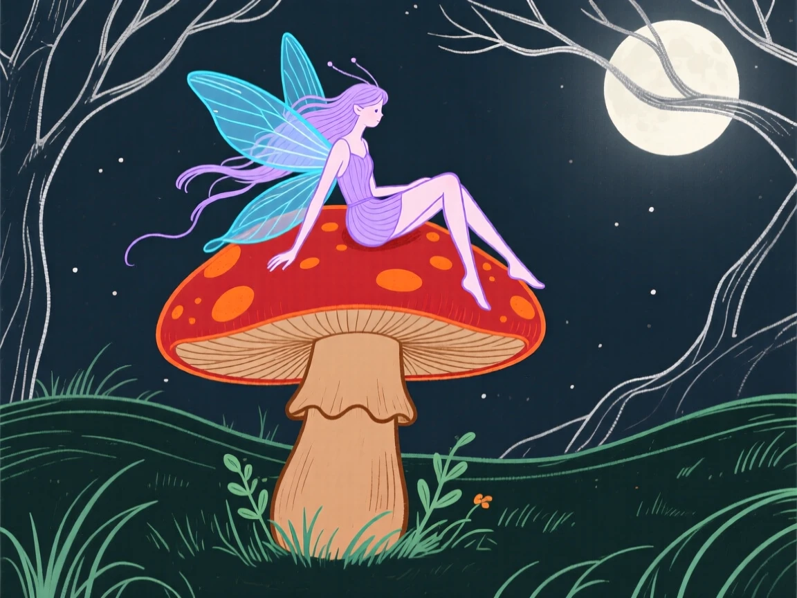 A fairy resting on a giant mushroom in a moonlit glade.