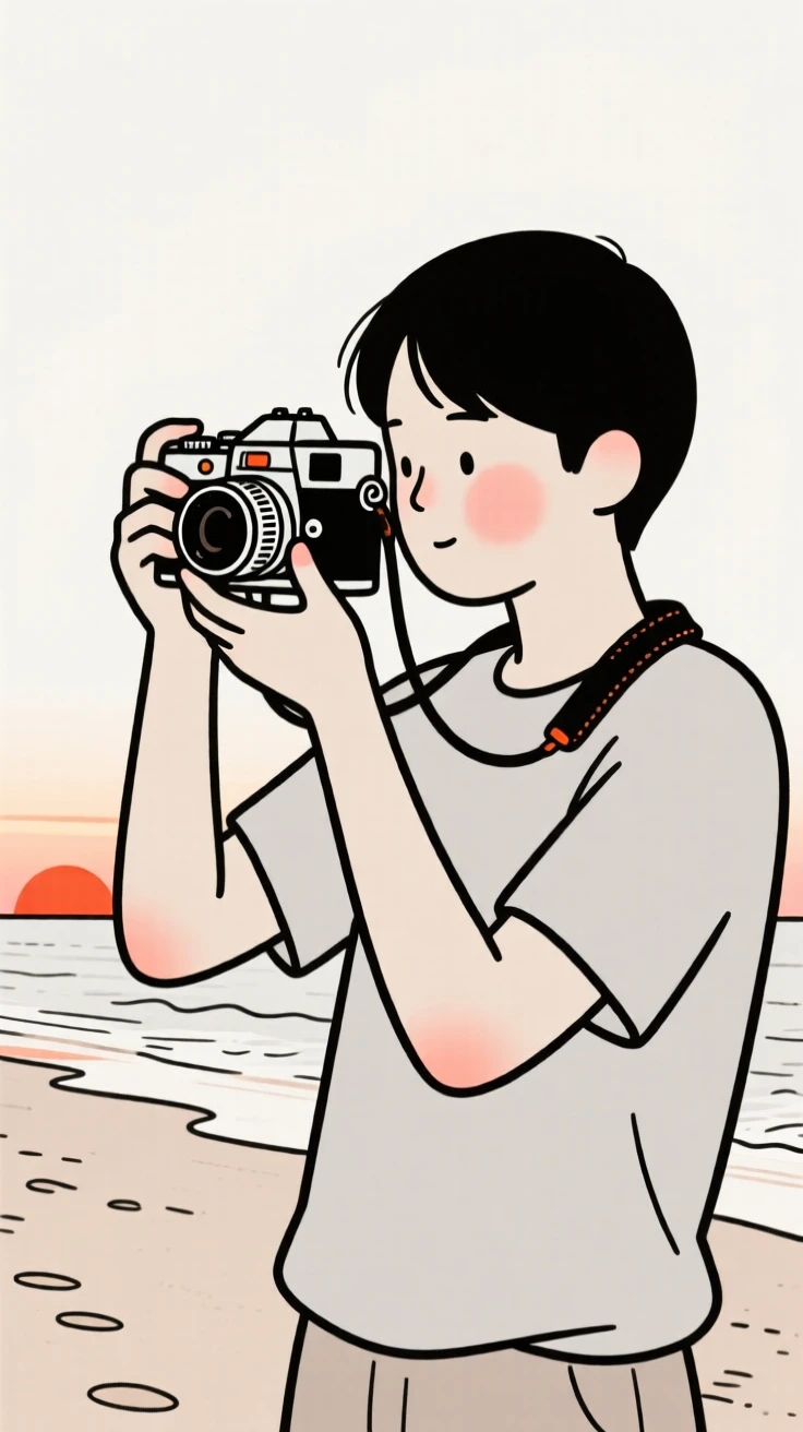 A photographer adjusting a vintage camera on a sandy beach at sunset.