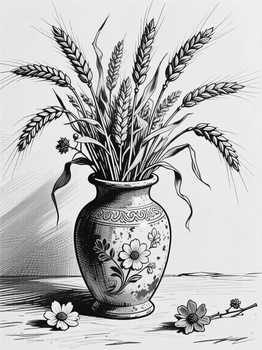 A bundle of dried wheat resting in an antique vase, with soft shadows falling across the petals, composed in a peacefully simple still-life arrangement.
