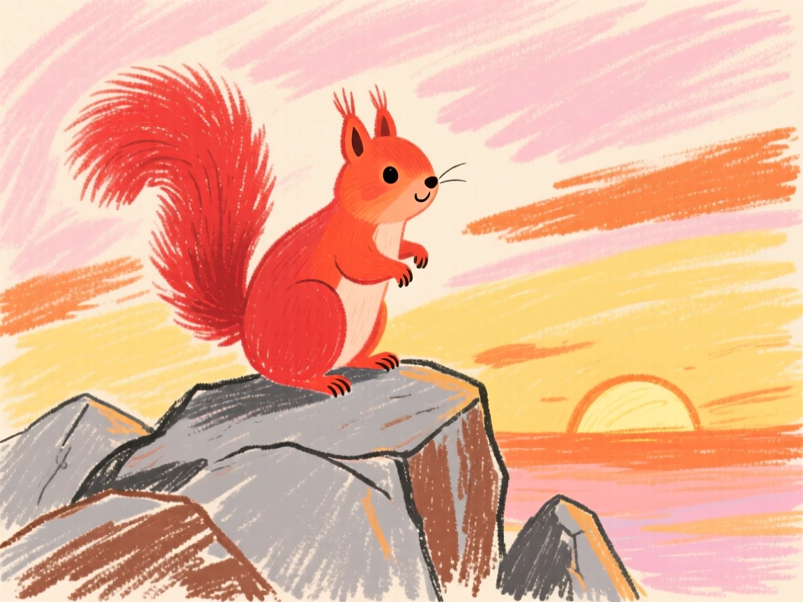 A red squirrel standing alert on a rocky outcrop at sunrise.