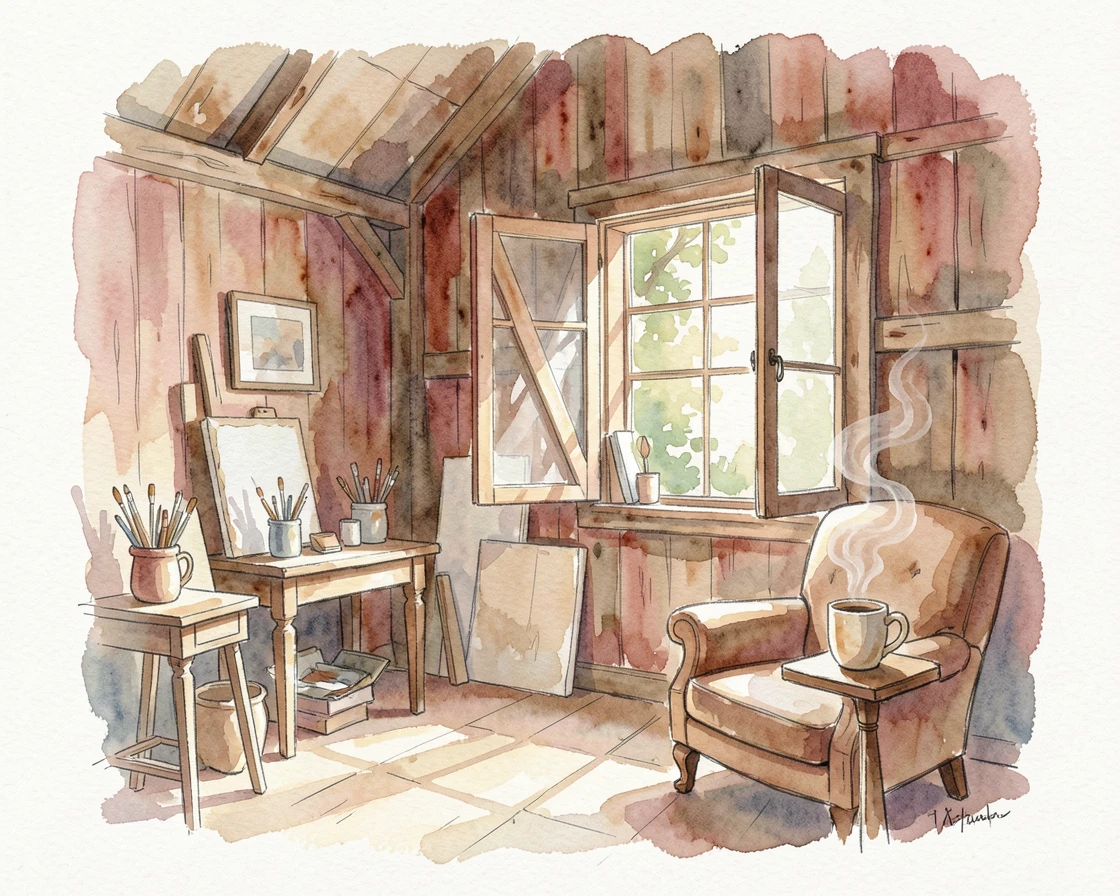 A rustic barn converted into a cozy studio with a steaming mug on a side table.