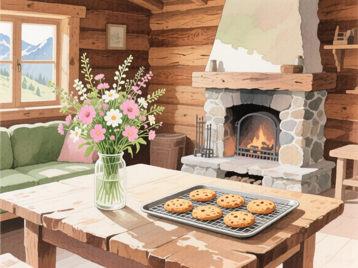 A charming view of a mountain lodge den, with fresh flowers arranged on the table, featuring a tray of cookies cooling on a rack