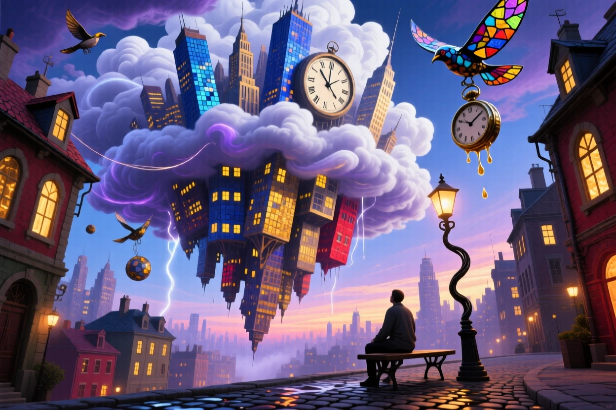 An upside-down city hanging beneath a cloud bank tilts at an impossible angle without ever falling, as tiny lights flicker on in its windows one by one.