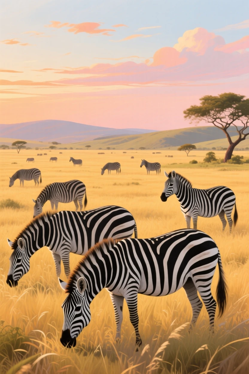 A herd of zebras grazes on the golden grasslands of the Maasai Mara, their black and white stripes creating a mesmerizing pattern against the savanna, other members of its group visible nearby, reinforcing the social nature of the scene.