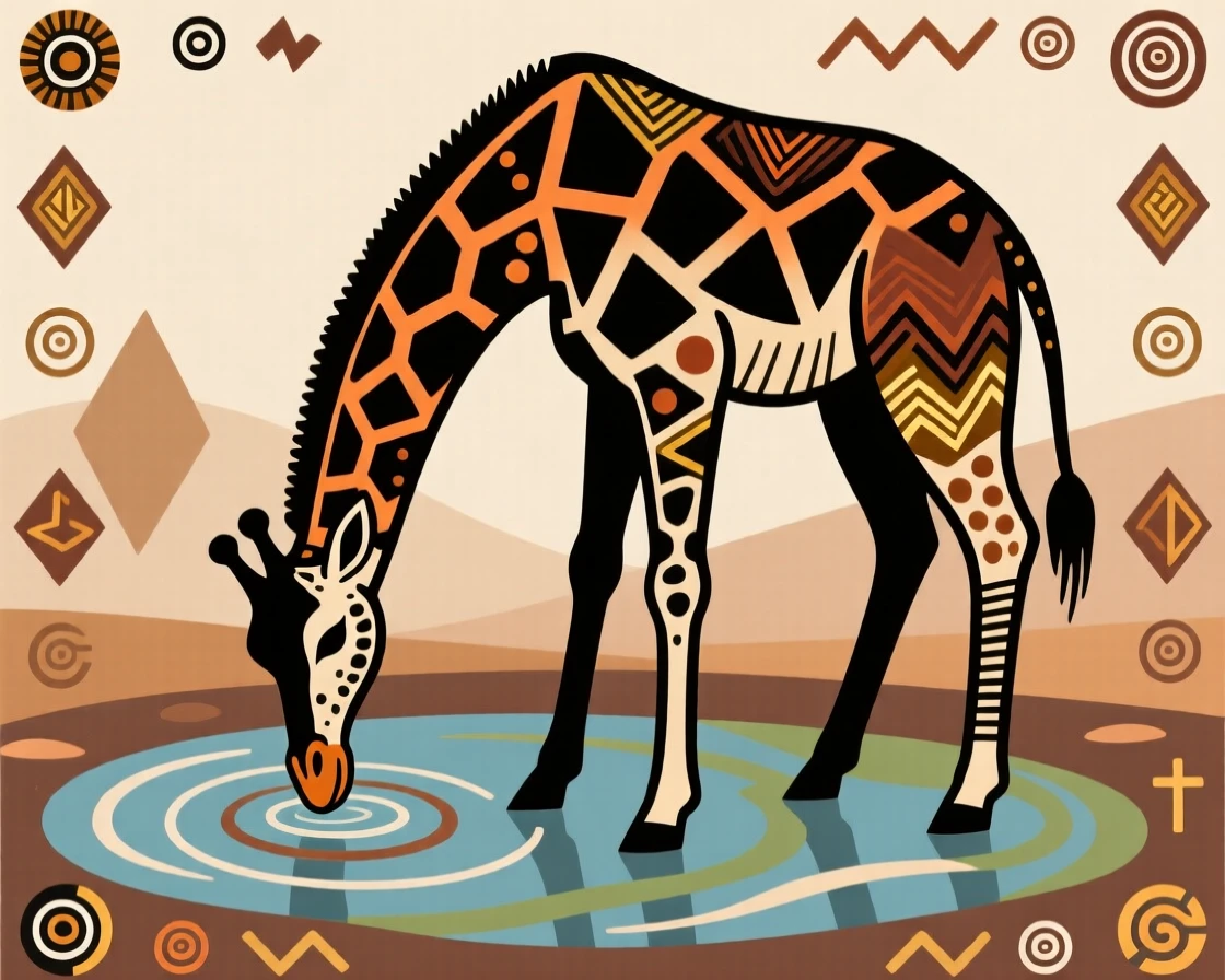 A giraffe bending awkwardly to drink from a pond.