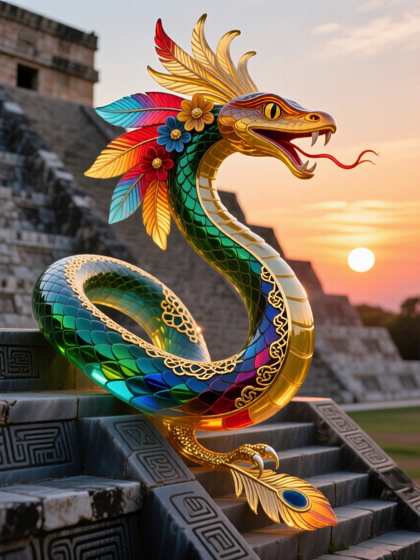 Quetzalcoatl the feathered serpent descending from a temple pyramid at sunset, mythic and radiant.