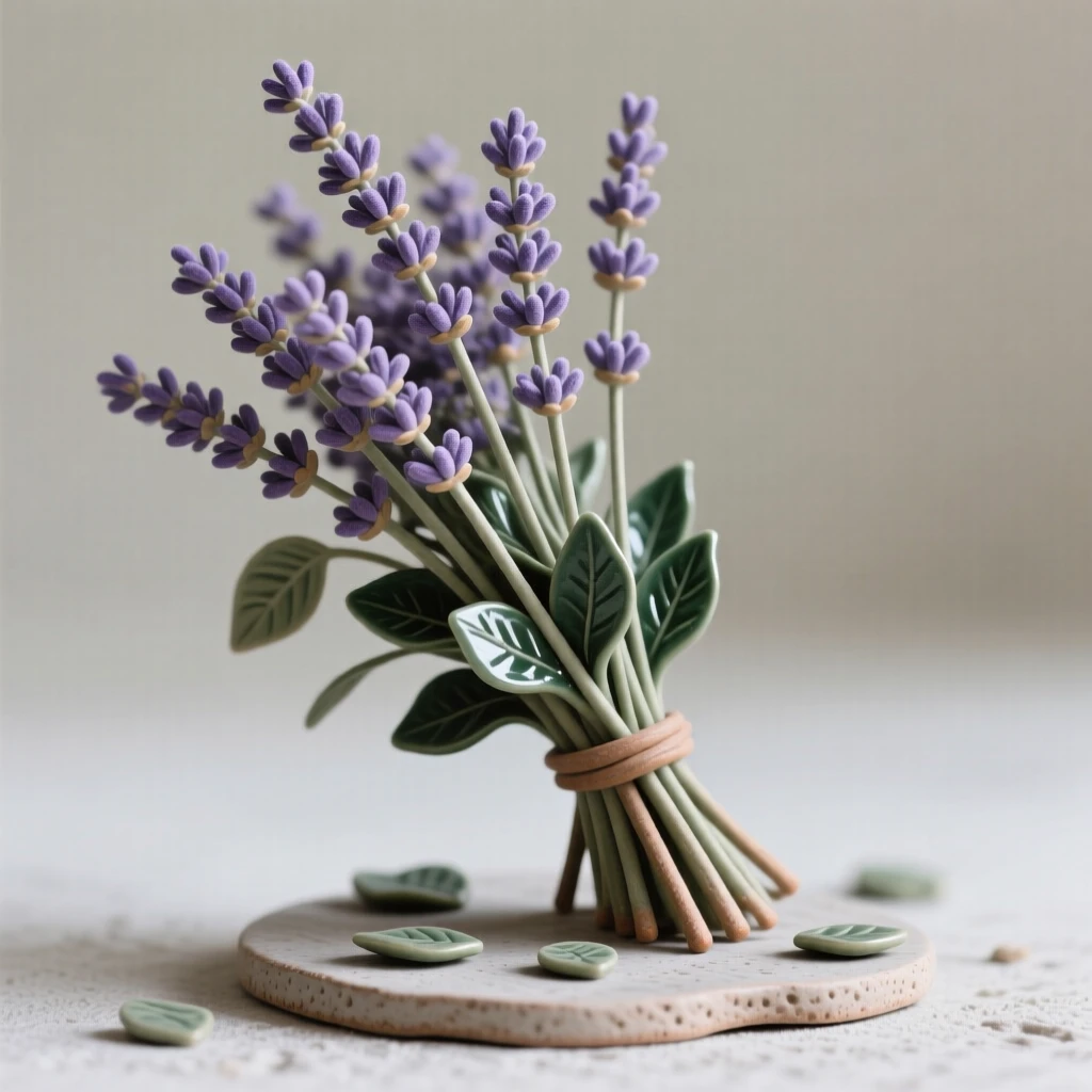 A bundle of wild lavender swaying gently arranged as if freshly gathered, framed by a scattering of small leaves, evoking fragile beauty and quiet renewal.