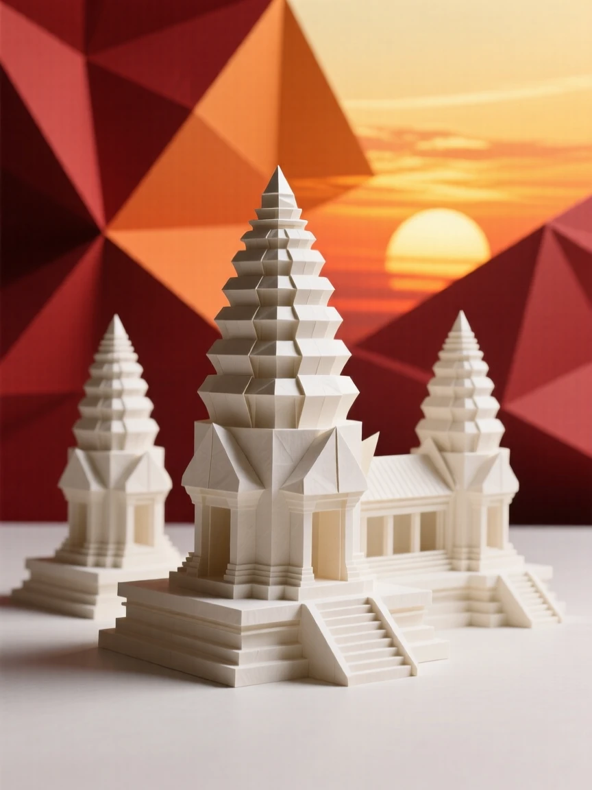 Angkor Wat's ancient towers silhouetted against a fiery sunrise sky.