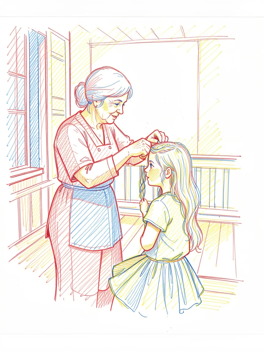 A grandmother braiding her granddaughter's hair on a sunny porch