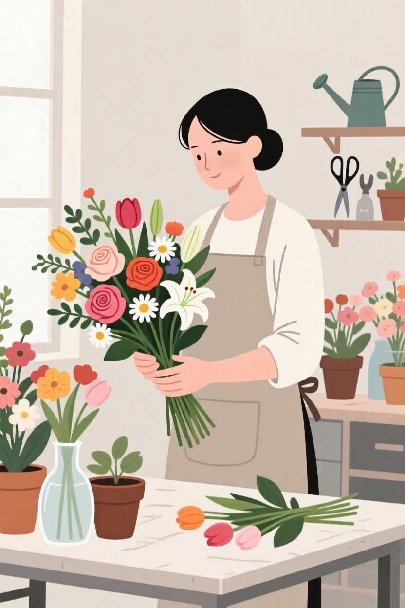 A florist arranging a fresh bouquet surrounded by colorful blooms.