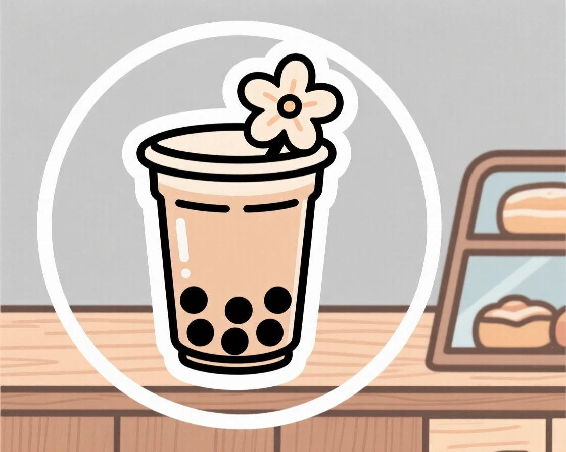 A cozy and comforting bubble tea with tapioca pearls, topped with a single edible flower, at a charming bakery counter.