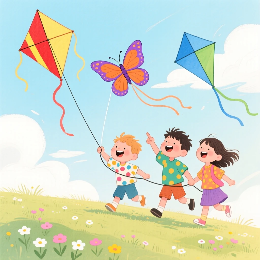 Friends flying kites together on a windy hill, full of warmth and laughter.
