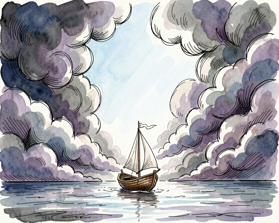A tiny boat navigating safely through a narrow gap in towering storm clouds toward clear skies