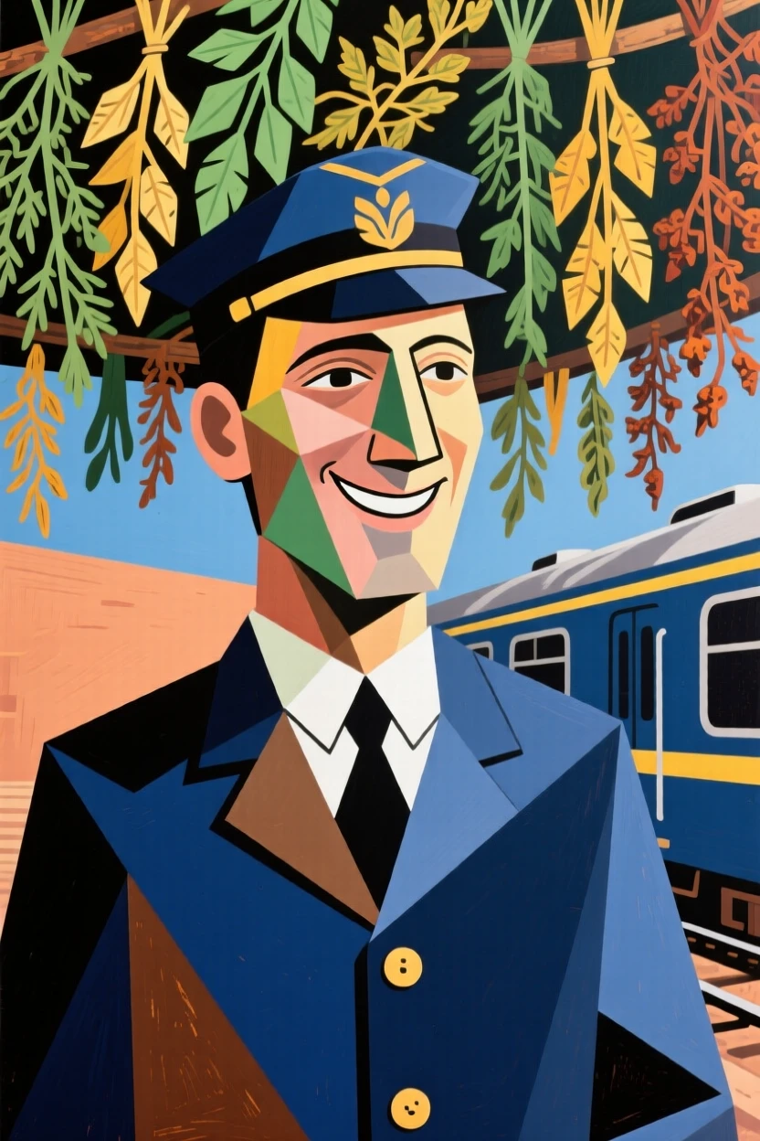 A medium shot of a train conductor smiling gently under a canopy of drying herbs.