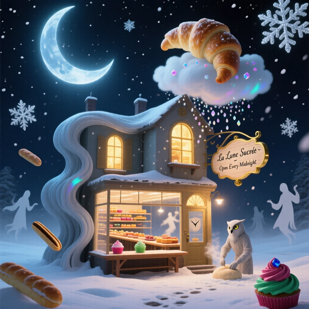 A bakery whose windows glow with warm, golden light at midnight rests peacefully beneath a blanket of drifting snow, as soft snow drifts silently past warmly lit windows.