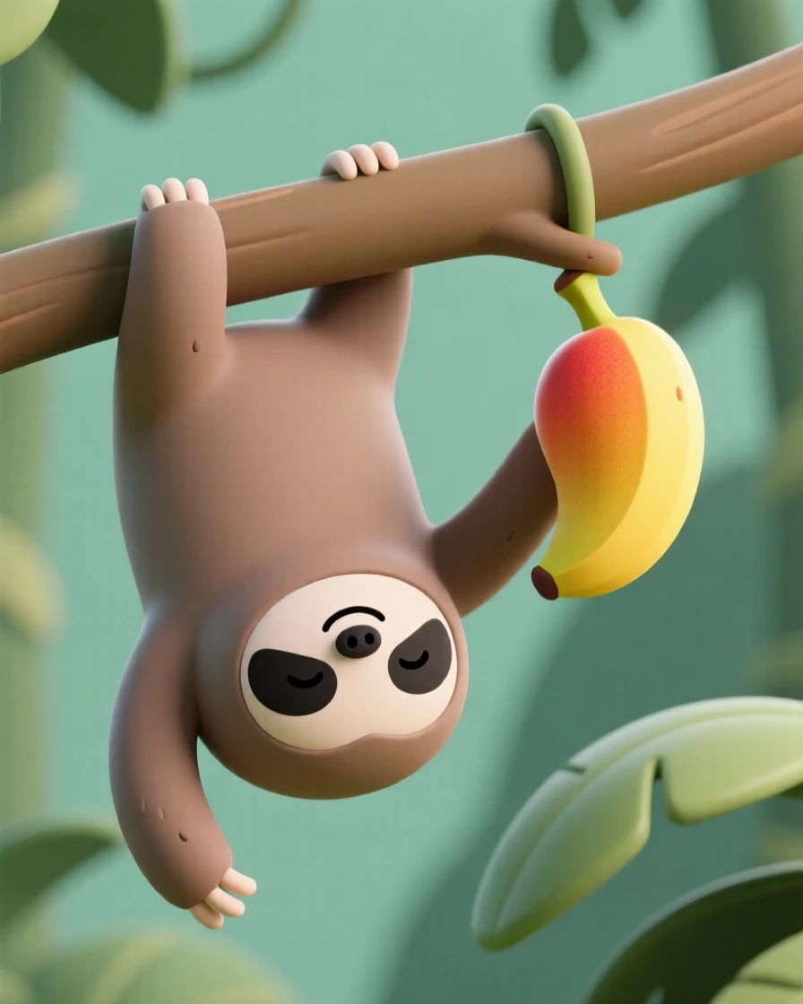 A sleepy sloth hangs upside down from a jungle branch, slowly reaching for a piece of ripe fruit.
